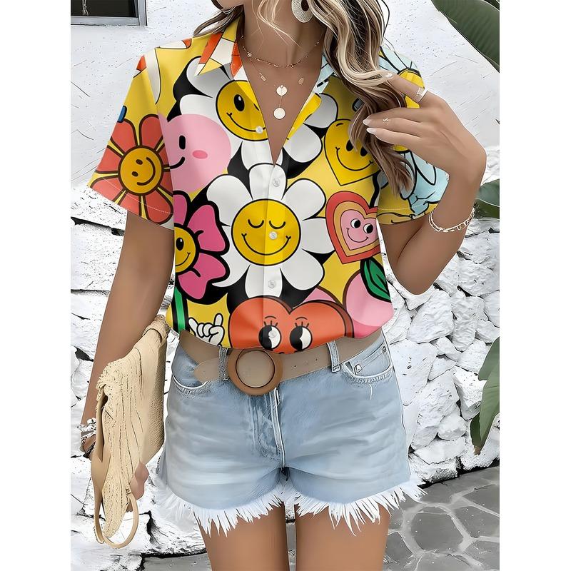 Women's Short Sleeve Button Up Shirt Smiling Flower Heart Print Full Body Cartoon Patterns Machine Washable Casual Office Spring