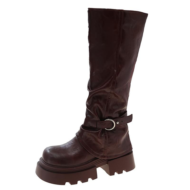 Fashion Knee High Belt Buckle Round Toe Thick Sole Platform Chunky Heels Women Boots Solid Color Slip on Ins Western Sexy Shoes
