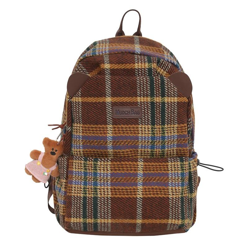 Японский инс ретро модный крутой контрастный цвет клетчатый студенческий школьный портфель новый модный крутой рюкзак для средней школы старшей школы Large without pendant коричневый