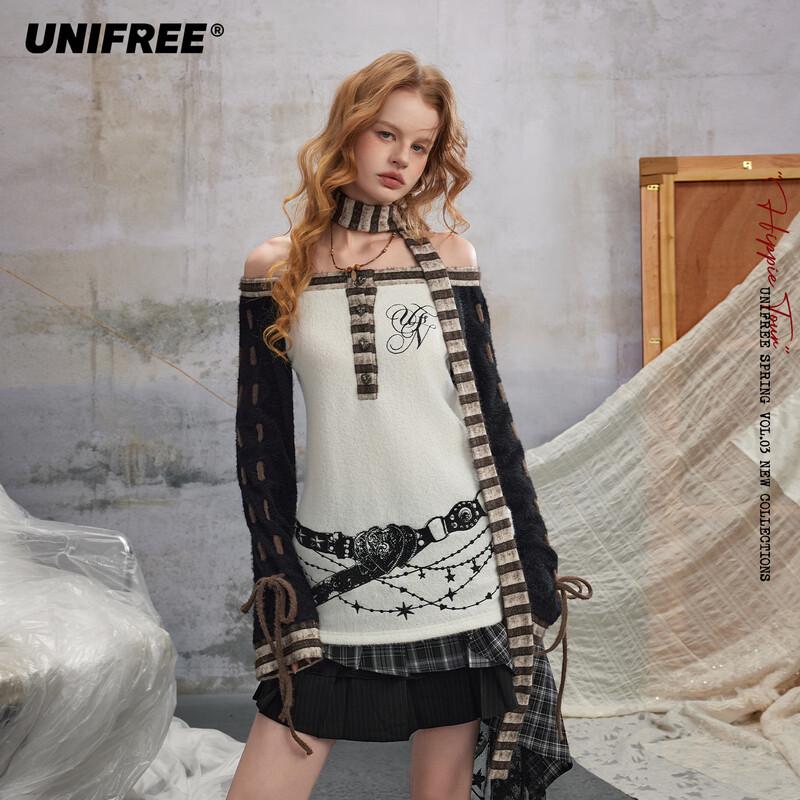 

UNIFREE 2026 Spring Retro Pullover Knit Sweater with Sleeve Ties & Scarf L