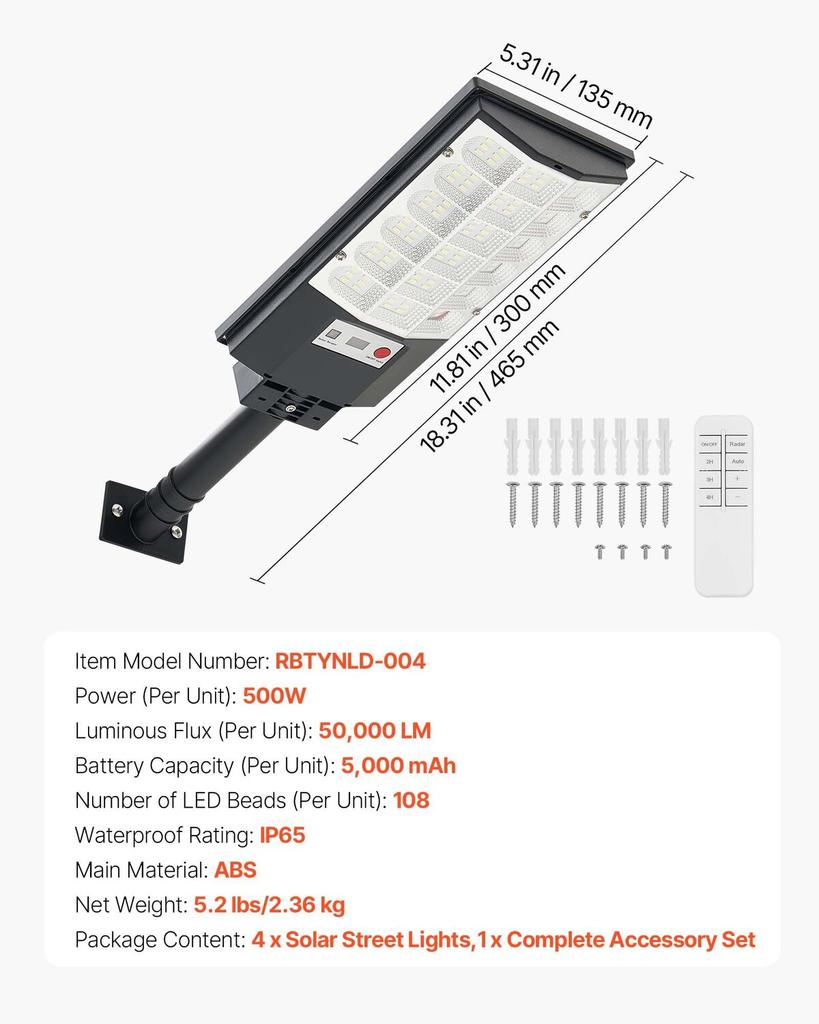 4 Pack 500W Solar Street Lights Outdoor, 50000LM, Commercial Parking Lot Lights Dusk To Dawn, LED Flood Security Lamp with Motion Sensor, IP65