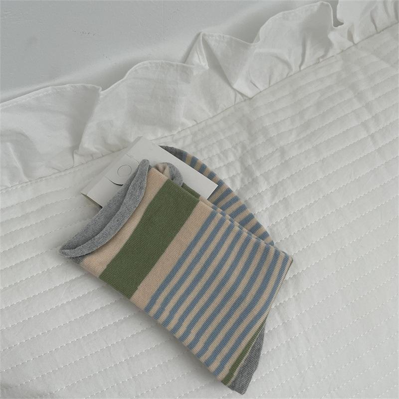Boneless Rolled-up Socks, Women's Color-blocking Striped Mid-calf Socks, Spring and Autumn Casual and Versatile Long Calf Pile Socks