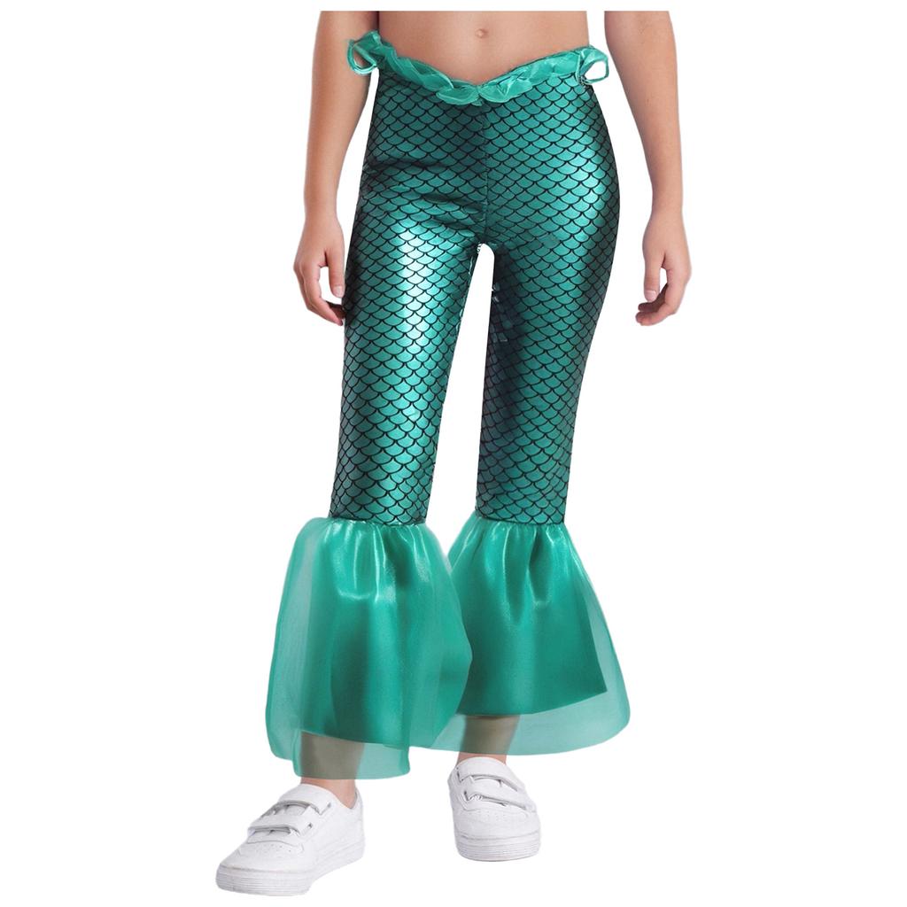 Dívčí zvonové kalhoty mořské panny s potiskem rybích šupin, elastický pas, volánové rozšířené kalhoty, cosplay kostým