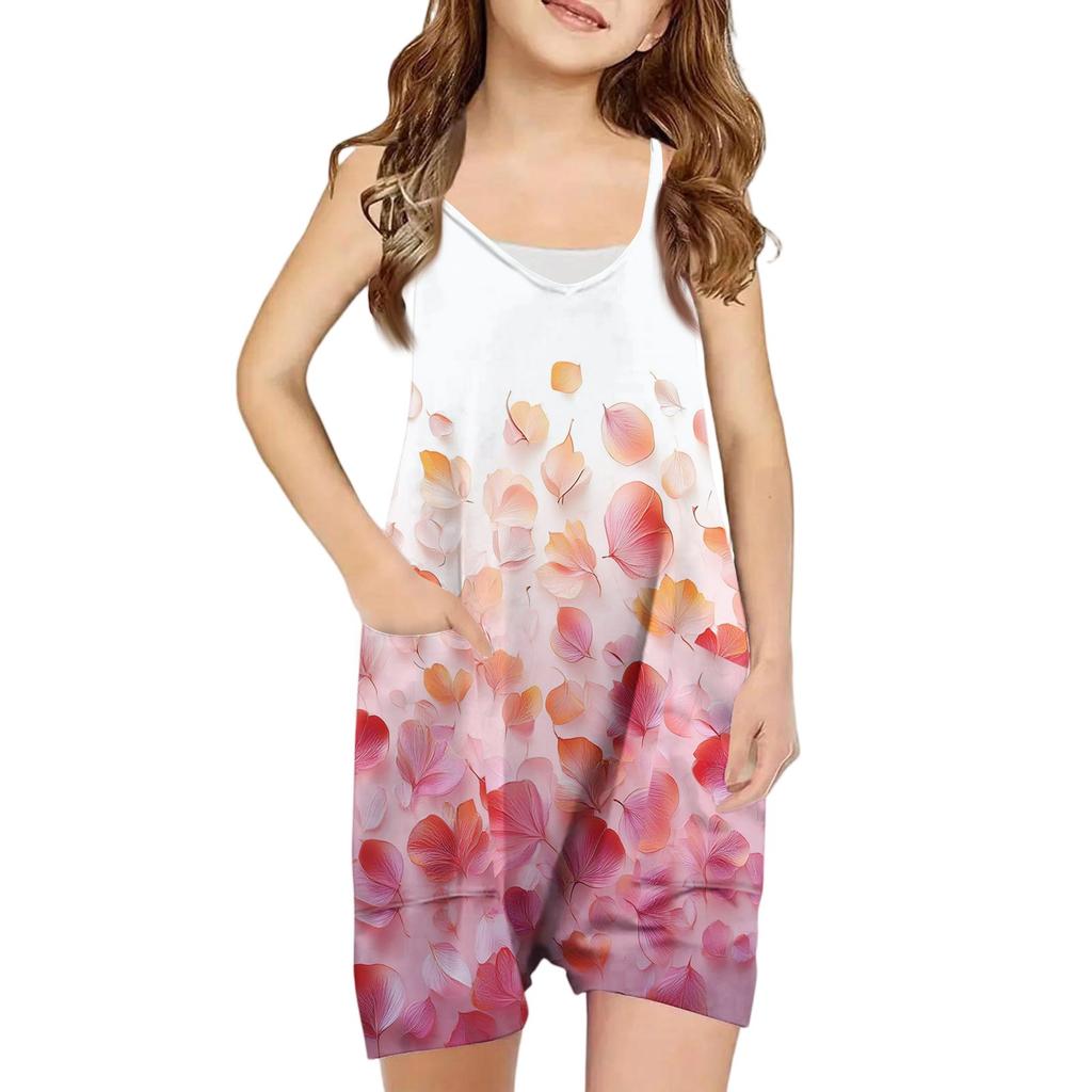 Girls' Sleeveless Romper - Casual Spaghetti Strap Jumpsuit With Pockets