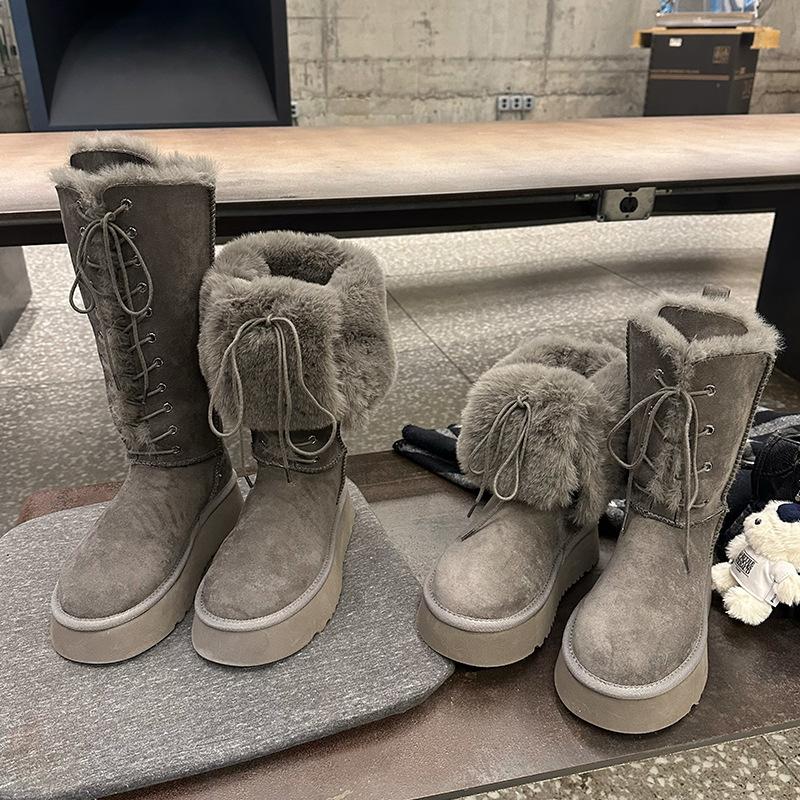 Yueyu burst thick-soled gray snow boots women's 2025 winter new long tube velvet thickened warm high boots cotton shoes