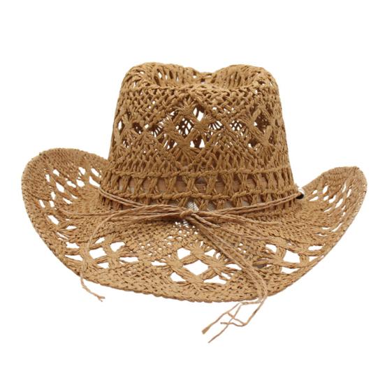Straw Cowboy Hat for Men Women Western Cowgirl Hat with Shapable Brim Woven Hollow Out Beach Coastal Sun Hat