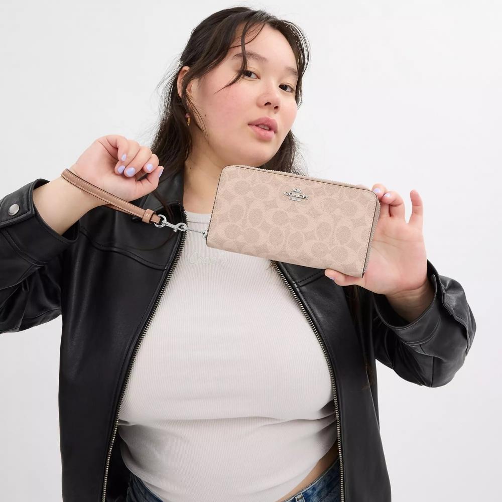Coach Long Zip Around Wallet In Signature Canvas Silver Sand Taupe