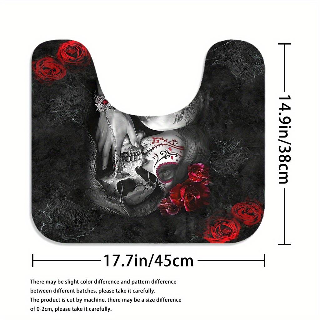 Skull King & Queen With Rose Print Bath Curtain Set - Simple Design For Bathroom Decor, Includes Shower Curtain & Bath Mat