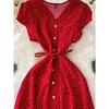 Summer Women Polka Dot Long Dress Vintage V-Neck Flying Sleeve High Waist Single Breasted A-Line Casual Vestidos Female Robe New
