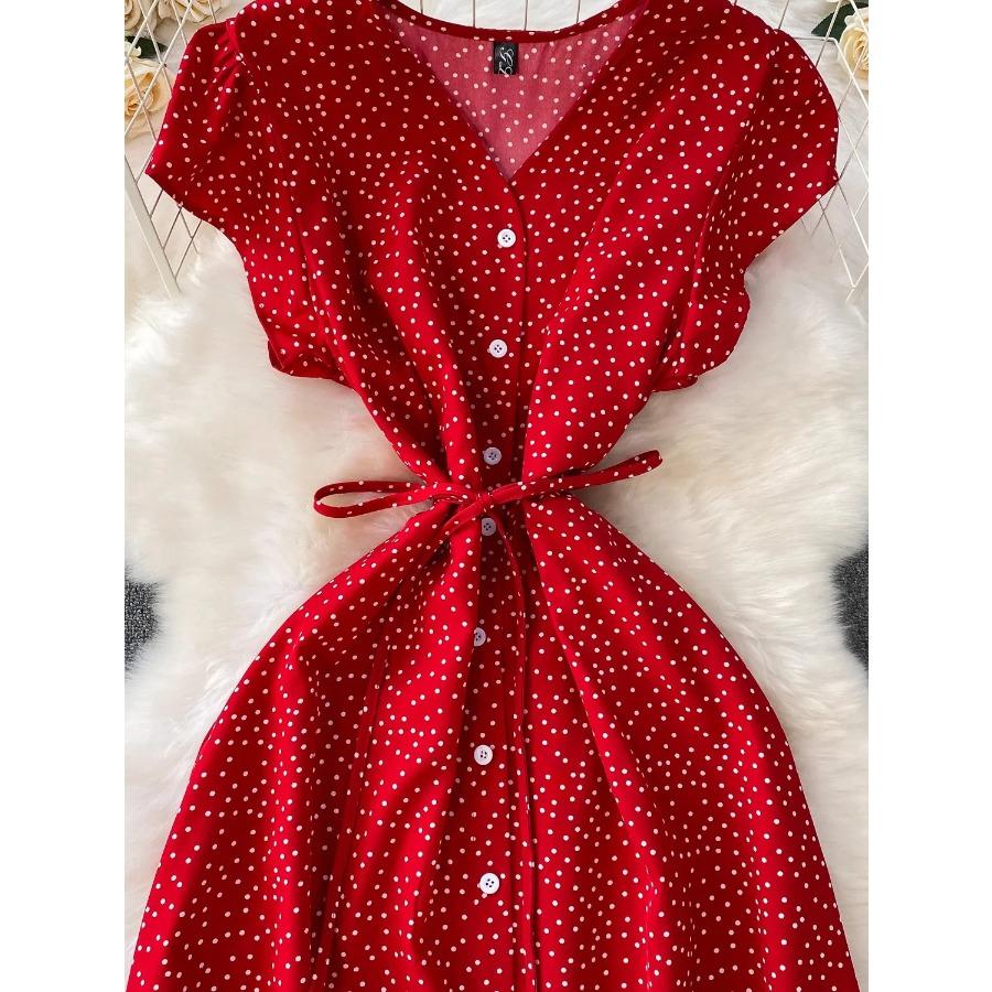Summer Women Polka Dot Long Dress Vintage V-Neck Flying Sleeve High Waist Single Breasted A-Line Casual Vestidos Female Robe New