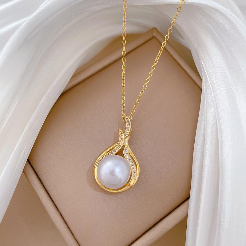 Fishtail Pearl Full Diamond Fashion Light Luxury Temperament Gorgeous Full Diamond Necklace Women'S Versatile Collarbone Chain Titanium Steel
