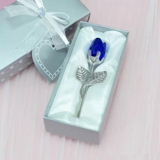 Faux Crystal Rose Flower Gift with Metal Stem Clear Flower Figurine with Gift Box