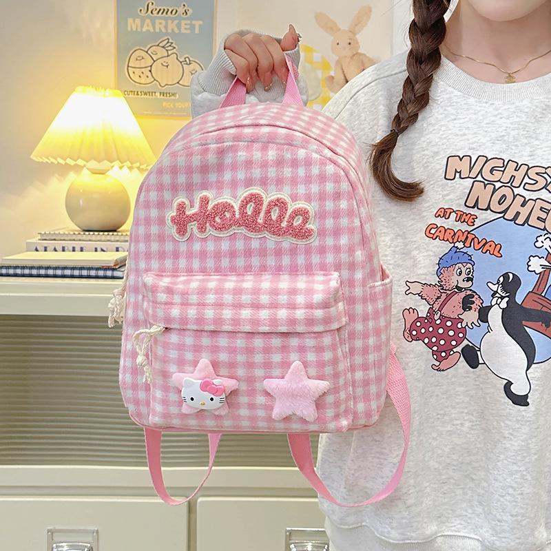 Large Capacity Pink Plaid Japanese Cute KT Girls' School Backpack
