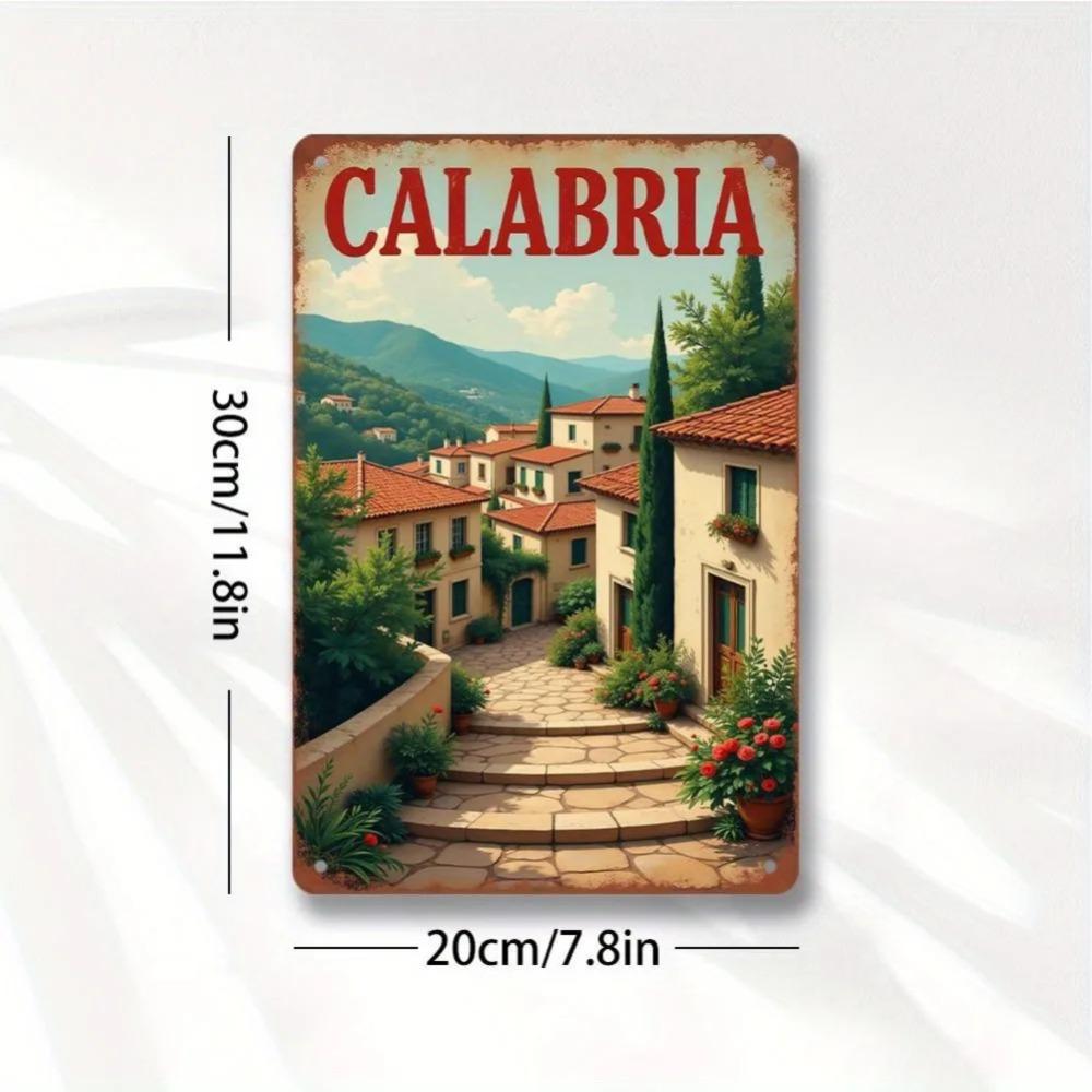 Retro Calabria Italy Metal Sign 2D Rustic Wall Art with Scenic Italian Town Design