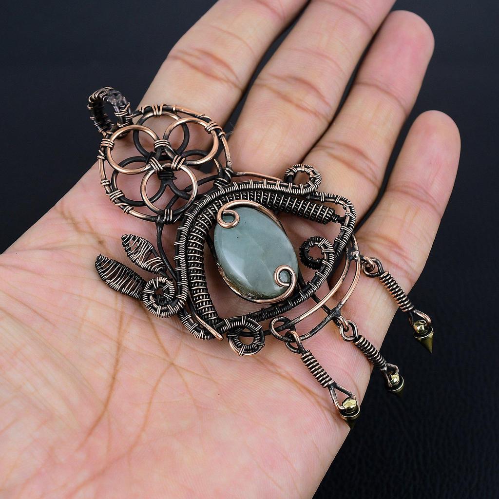 Aquamarin 999 Kupferdraht gewickelter Anhänger, Handgefertigter Edelsteinanhänger Schmuck, Geschenke für Ehefrau Brandneuer Anhänger