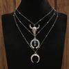 3pcs Set Bohemian Retro Inlay Turquoise Cactus Ox Head Pendant Beaded Multi-layer Necklace for Women Fashion Personality Jewelry