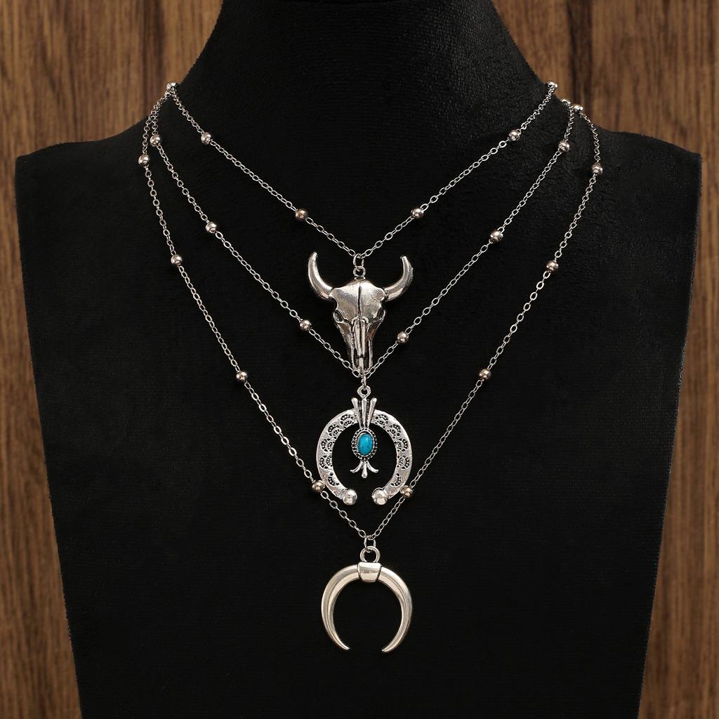 3pcs Set Bohemian Retro Inlay Turquoise Cactus Ox Head Pendant Beaded Multi-layer Necklace for Women Fashion Personality Jewelry