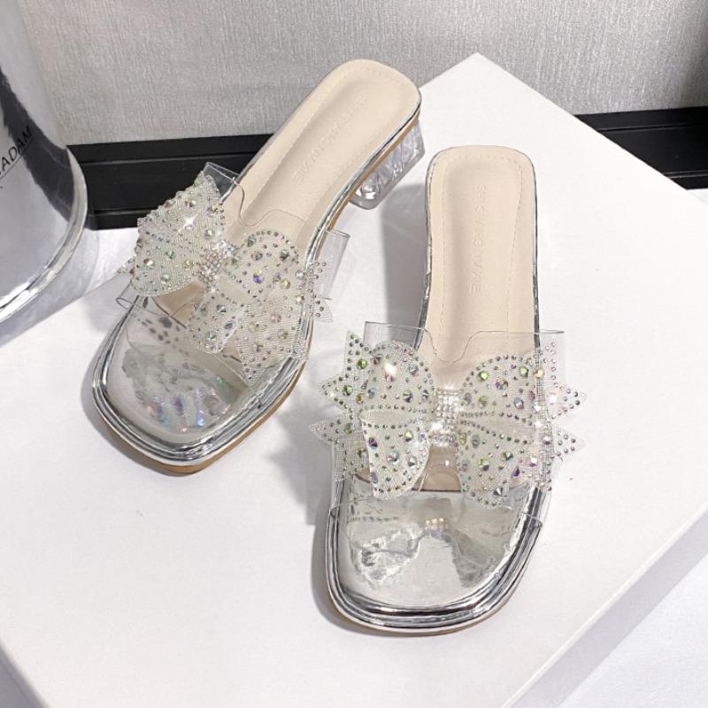 Módní mašle křišťálové střední podpatky pantofle designérské luxusní sandály slingback 2025 léto nové boty elegantní lodičky na šaty párty sandalias mujer