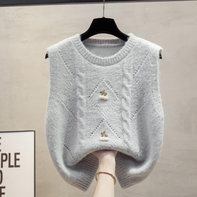 Frühling und Herbst Neuer lockerer Lagen-Pullover mit hohlem Rundhalsausschnitt, gestrickte Weste für Damen