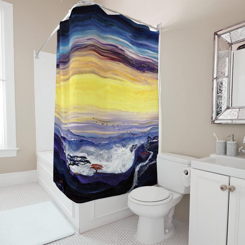 Multicolored Watercolor Landscape Shower Curtain For Bathroom Decor Modern Style With Red Tree And Mountain Design (This Title M