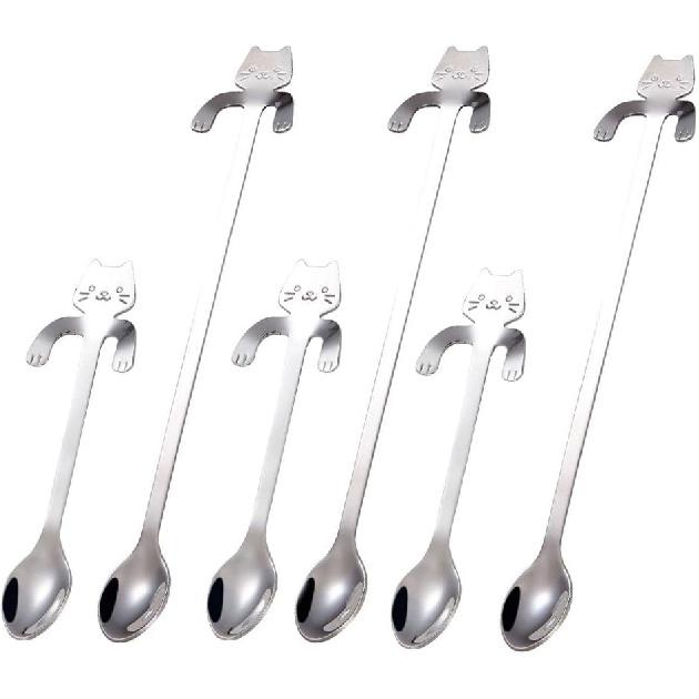 6 PCS Cat Spoon Coffee Tea Spoon Set, ESRISE Stainless Steel Mini Long Cute Kitten Stirring Teaspoons for Dessert Drink Mixing Milkshake (Multi)