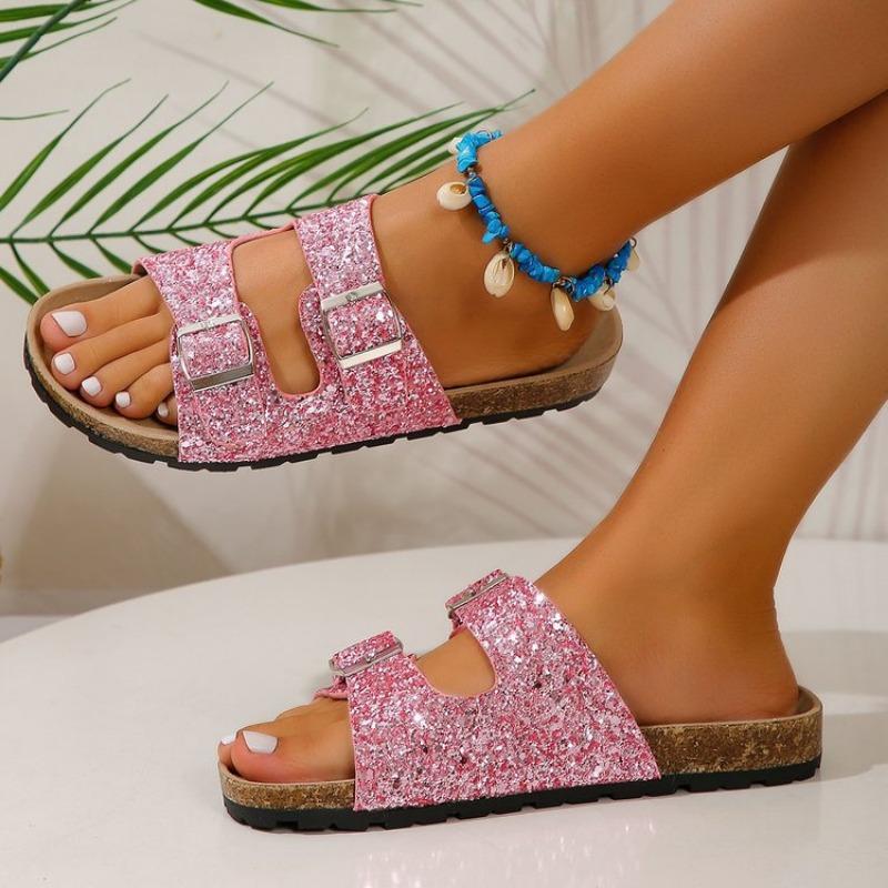 Cool slippers women's new large-size sequined one-word buckle women's slippers