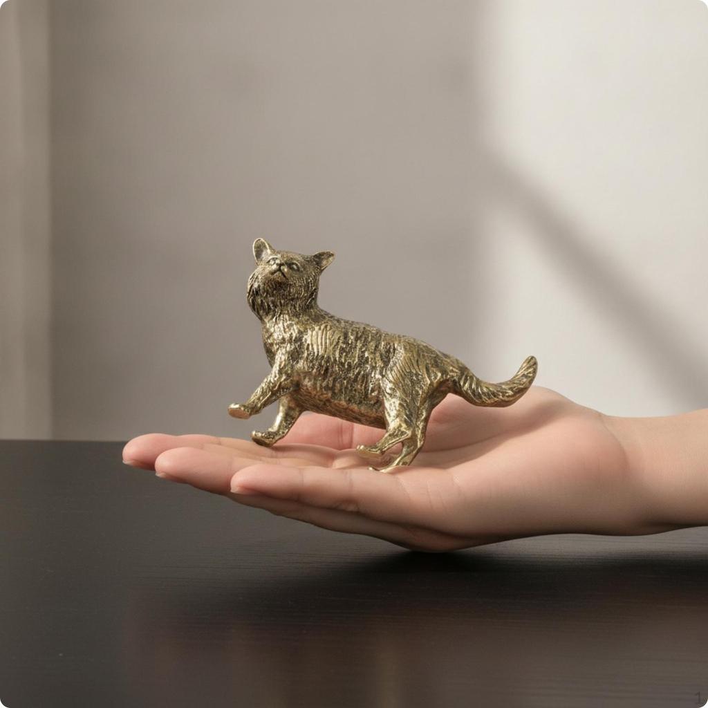 Tea Pet Antique Style Desktop Ornament Distressed Brass Figurine for Collectors, Desk, Shelf Big Cat