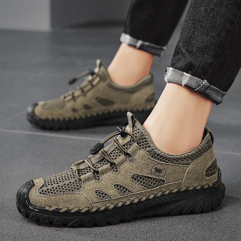 Fashion Handmade Genuine Leather Summer Mesh Shoes Large Size 47 Casual Stylish Mens Non-Slip Comfortable Hiking Shoes Sandals For Men