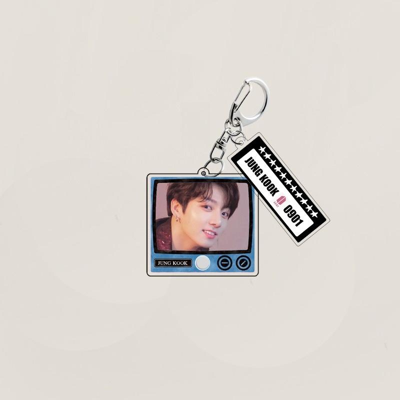 

BTS Retro TV Style Acrylic Keychain, Bangtan Boys Photo Keyring with Name & Birthday Tag, Kpop ARMY Fans Bag Charm JUNGKOOK