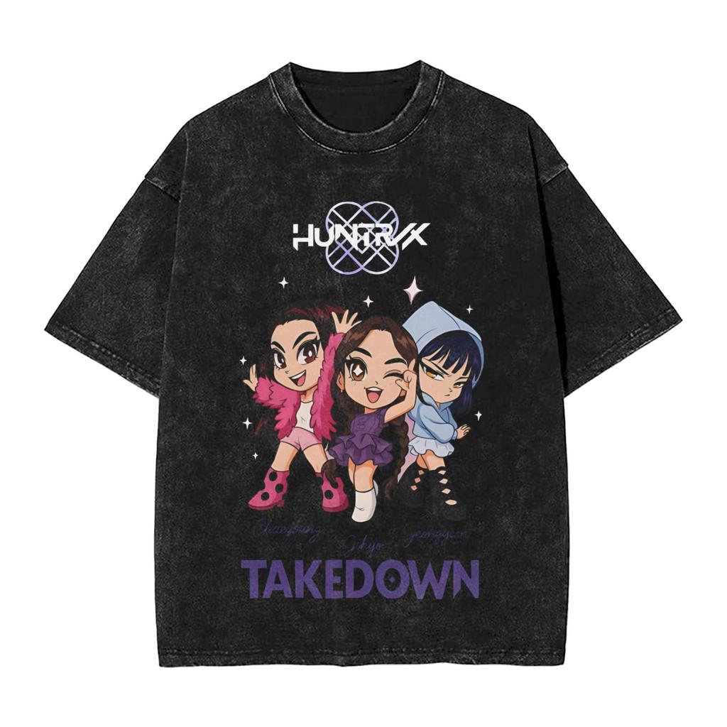 KPop Demon Hunters Huntrix Blue Tiger Derpy Washed T Shirt Vintage Harajuku Men Women  Loose T-Shirts Tee Cotton