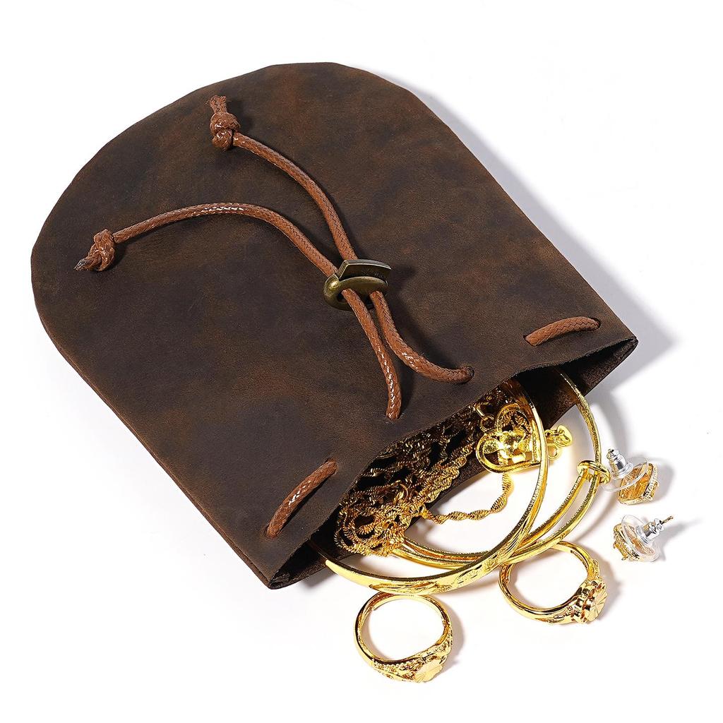 Genuine Leather Drawstring Coin Purse - Cowhide Storage Bag & New Year's Lucky Wallet.