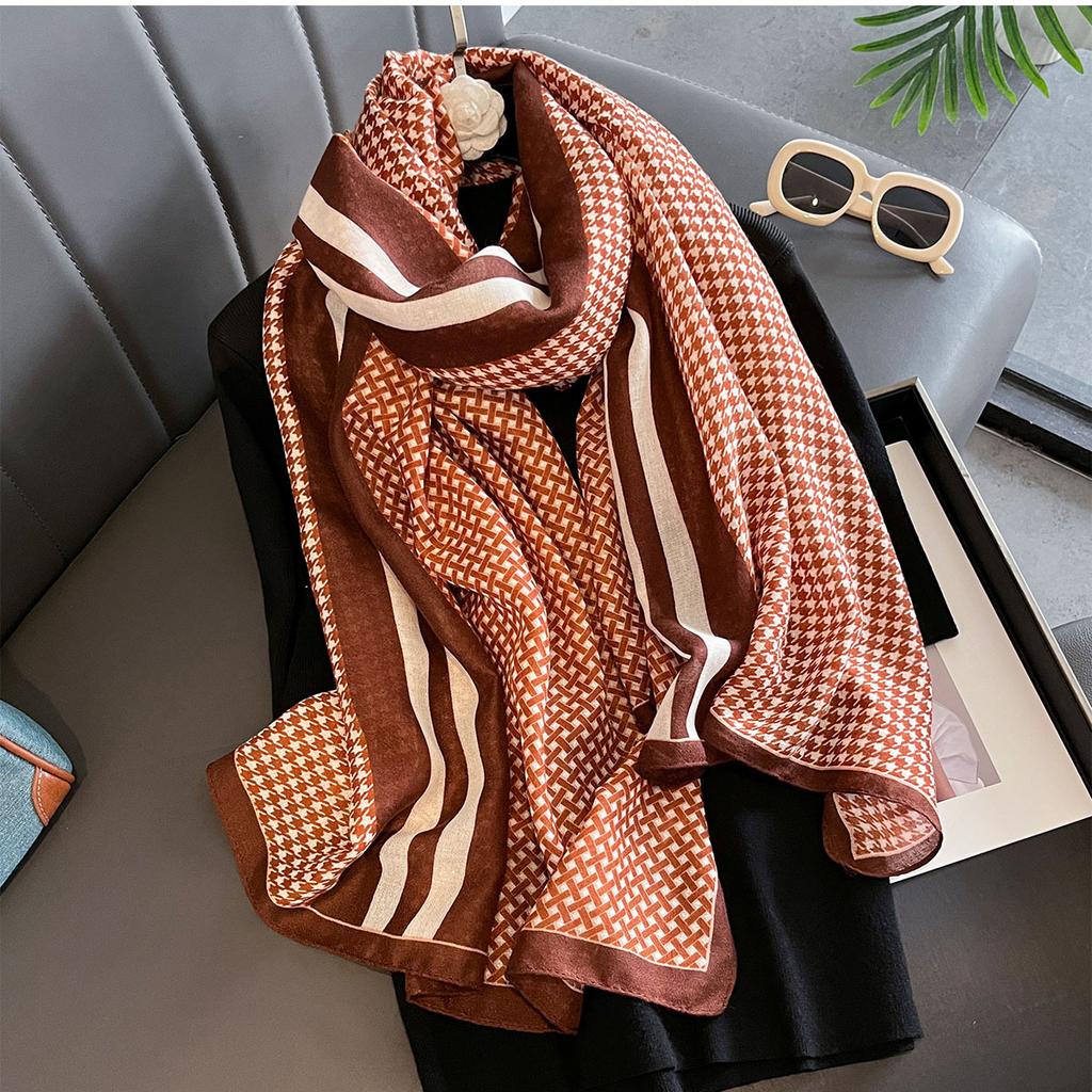 Retro Spring Summer Silk Scarf Houndstooth Fashion Classic Versatile Shawl Cotton Linen Scarves Stylish Warp Headband