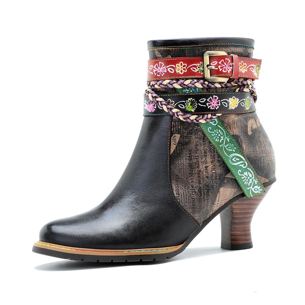 Johnature Genuine Leather Boots Fashion Women High-heeled Shoes Retro Rivet Patchwork Short Boots