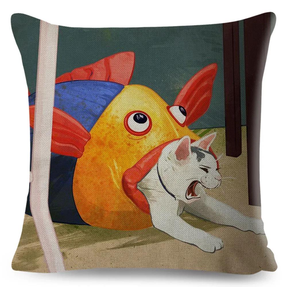 Olejomalba Roztomilá Kočka Povlak na Polštář Dekor Barevný Kreslený Domácí Zvíře Povlak na Polštář Polyesterový Povlak na Polštář na Pohovku Dětský Pokoj