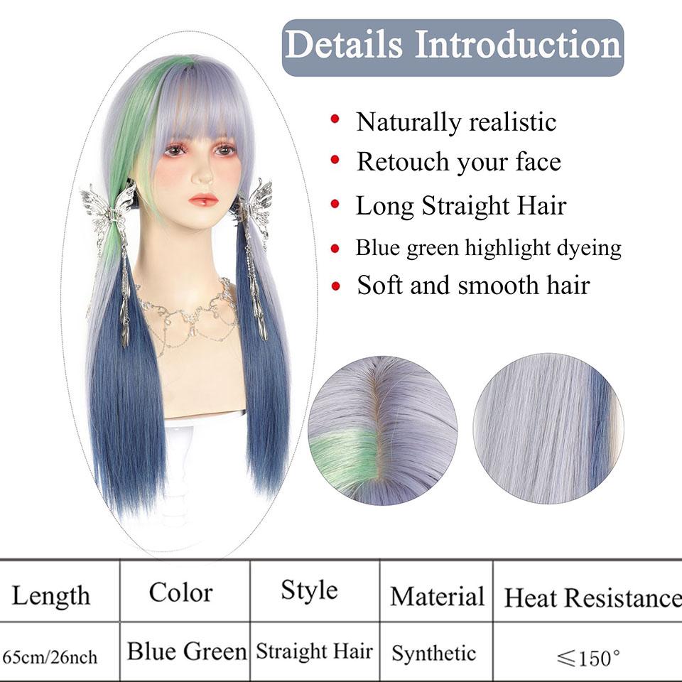 Y2K Synthetic Lolita Cosplay Wig Green Blue Hair for Cosplay Party Long Straight Wigs for Women Blue Green Highlight Dyed Bangs