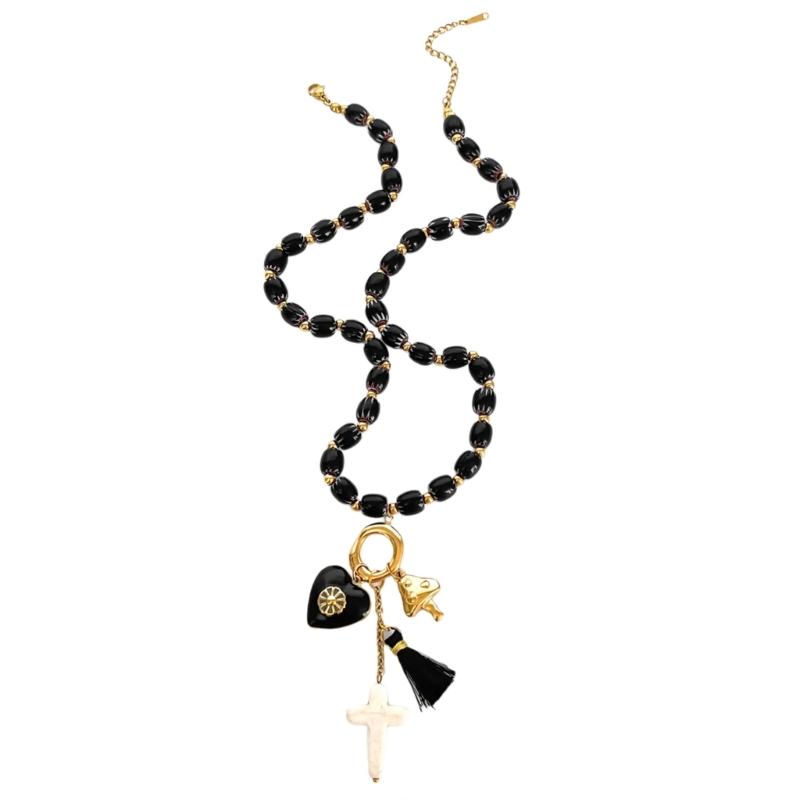 

Elegant and Contemporary Crosses Necklace Stainless Steel Chain Black Acrylic Beads Adjustable Gothic Jewelry 1