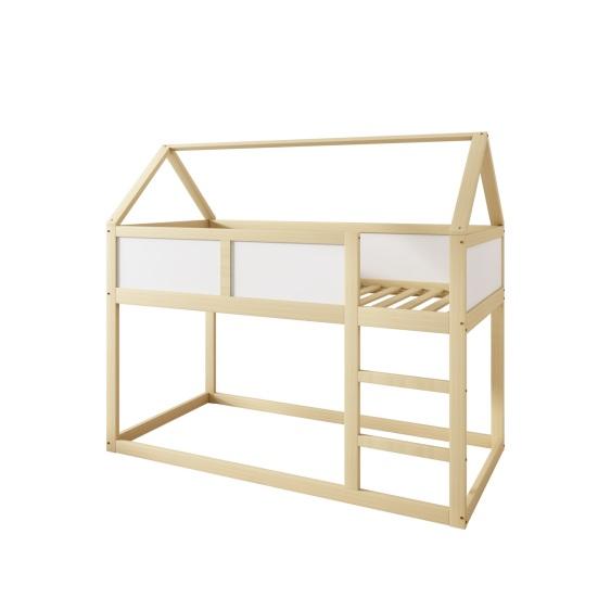 Bunk Children Bed, 90 x 200 cm, Low Bunk Single Bed, Loft Bed with Stairs, Solid Wood Frame, Wood Color