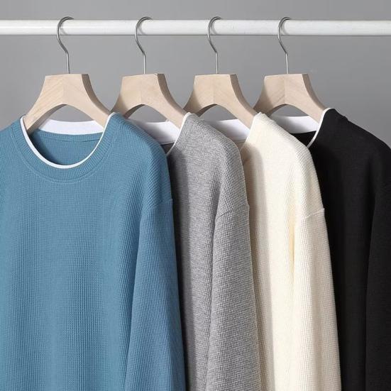 Men O-Neck Waffle Sweatshirt Fake Two-Piece Long Sleeve T-shirt Casual Loose Pullover for Spring Autumn Daily Wear Street