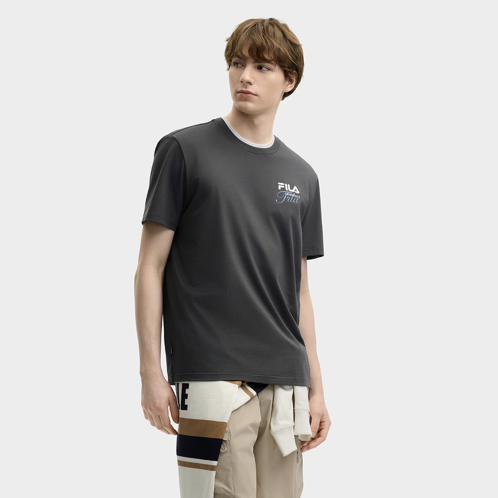 Fila Original Fashion Versatile Casual Simple Comfortable Knitted Short Sleeve T-Shirt Men Tops Deep-Charcoal-Gray F11M529108F-CC