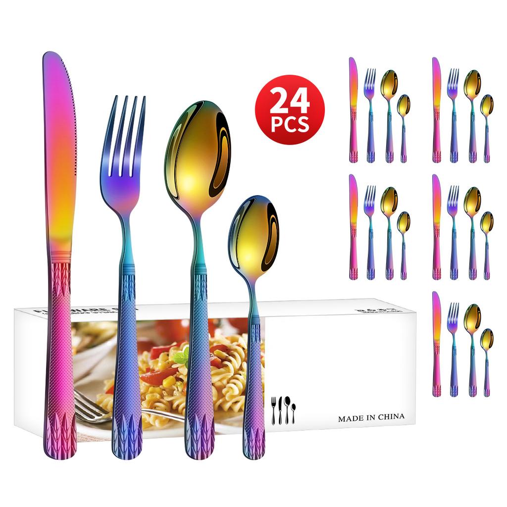 Stainless Steel Embossed Handle Western Food Hotel Tableware Knife, Fork and Spoon Dessert Spoon 24 Pieces Suit