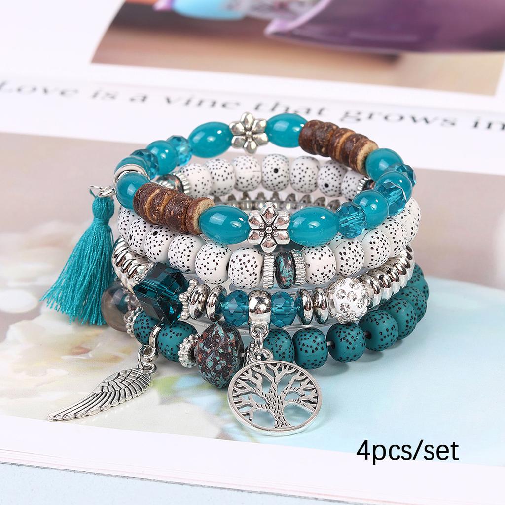 Bohemian Beaded Bracelet Set, Women's Stackable Stretch Bracelets with Tassel & Wing Charm