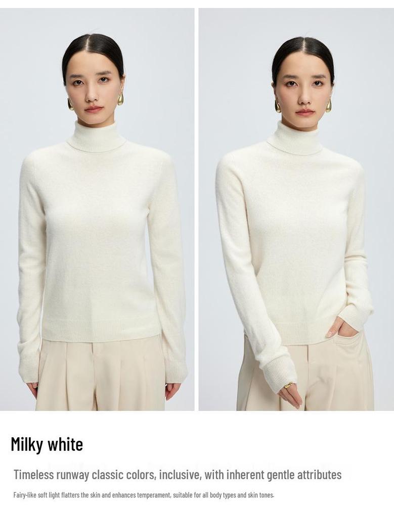 Women's Seamless High Neck Cashmere Pullover - Autumn/Winter Solid Color Base Layer Knit Sweater