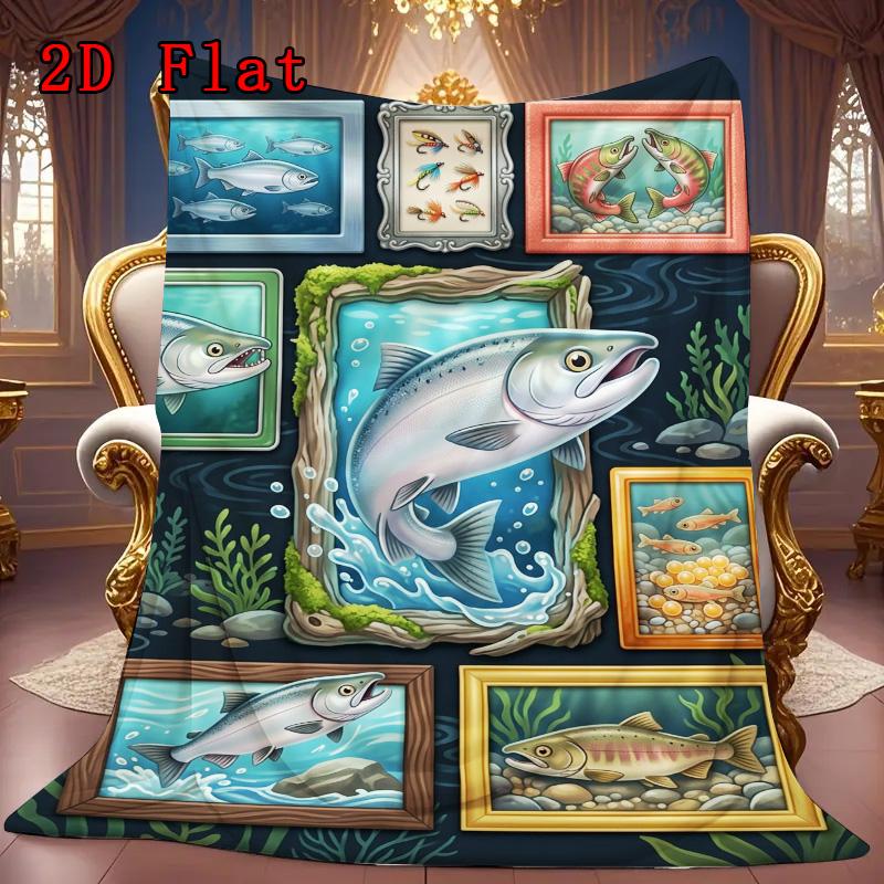 Salmon Art Collection 2D Flat Pattern Flannel Blanket, High Quality All Seasons, Home Decor, Warmth and Comfort, Perfect for Christmas Gifts.