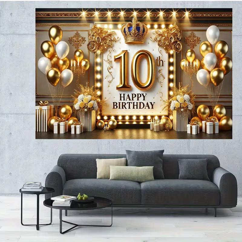 2D Schwarz Gold 10. Geburtstag Kulisse mit Kronenlichtern und Ballons Fotoautomaten Banner
