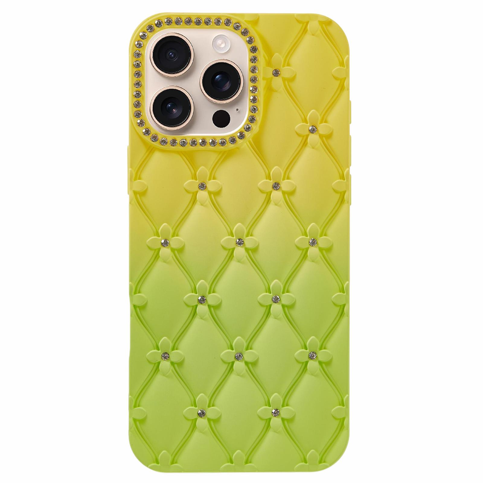 

For iPhone 16 Pro Case Rhinestone Decor Rubberized TPU Phone Cover Yellow+Green
