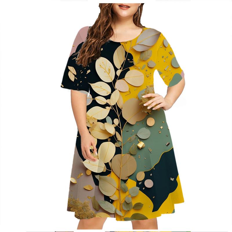 Green Leaf Raindrop Women'S Dress Short Sleeve Summer Fashion O-Neck Loose Plus Size Dresses 6XL Casual 3D Print Mini Dress 5XL