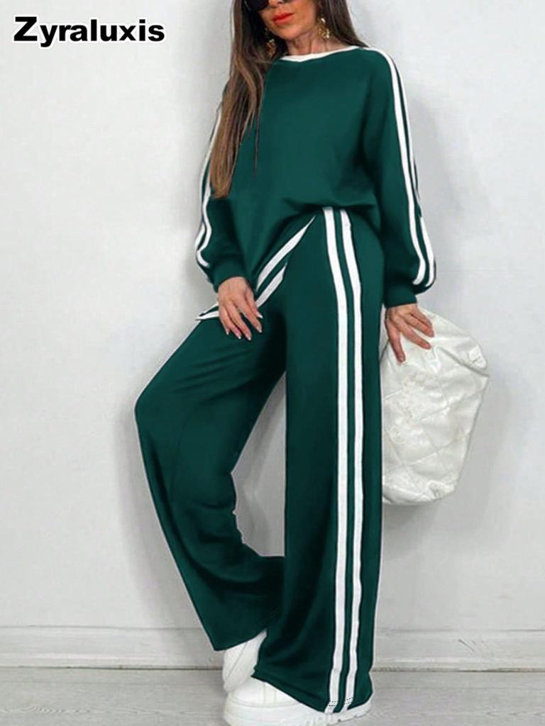 Fall Winter Fashion Casual Striped Long Pants with Long Sleeve New Style Crew Neck Set Women's Clothing