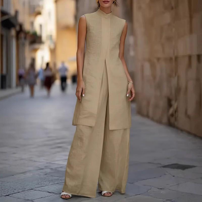 2026 Womens Linen Cotton Sleeveless Vest Top Wide Leg Pants Set Casual Elegant Outfit