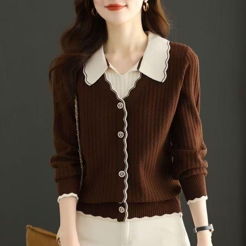 Pull pour femme Automne/Hiver Mode Pull de base court tricoté Col POLO Pull rouge