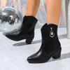 Luxury Crystal Metal Decoration Mid Calf Riding Boots Women 2025 Autumn Sexy Pointed Toe Medium Heel Boots Solid Black Booties